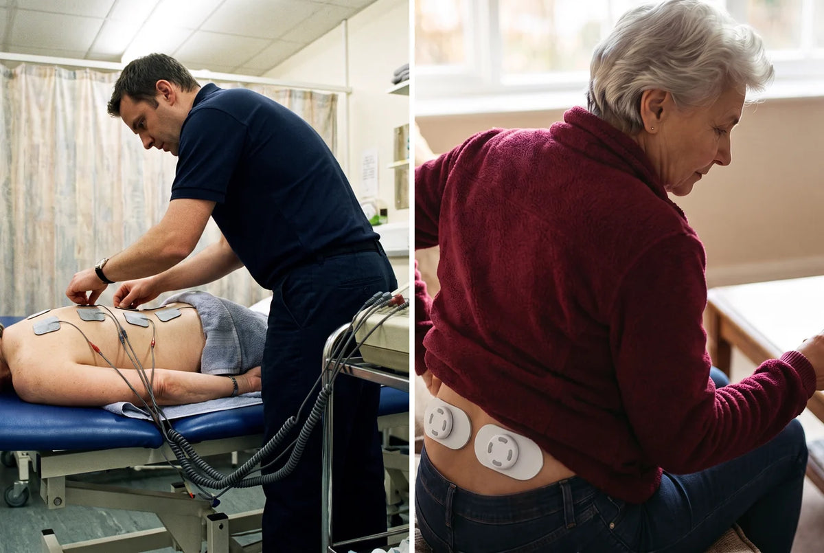 Older woman in a supermarket queue with a hand on her lower back