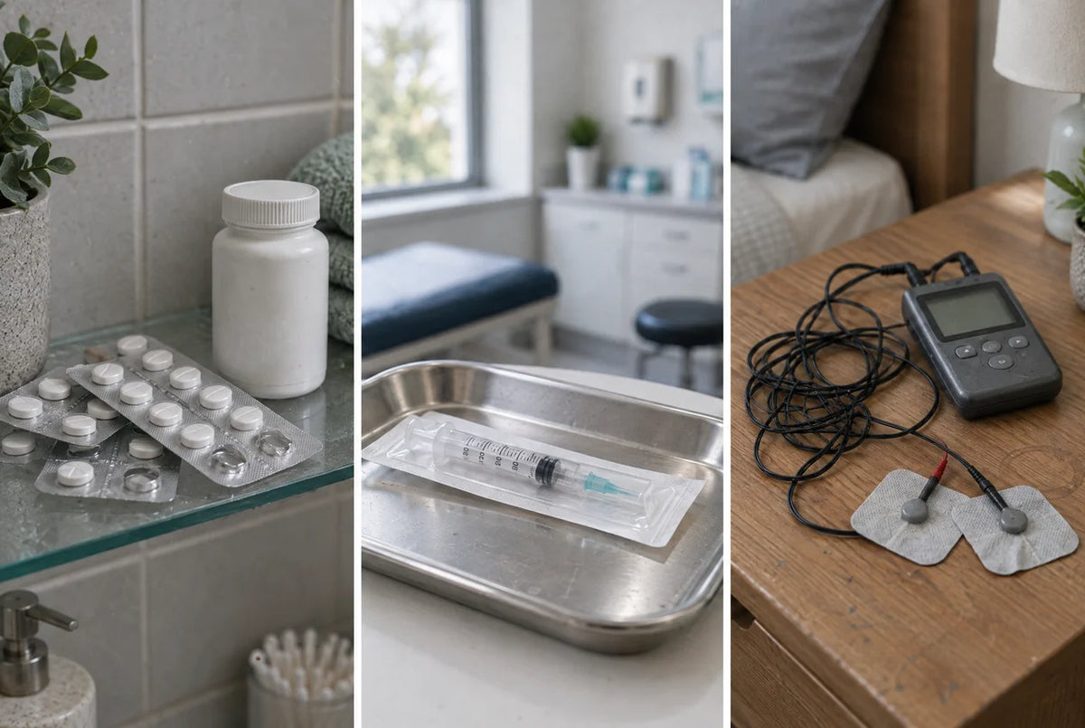 A kitchen drawer full of tablets, heat wraps, a hot water bottle and an old wired TENS unit