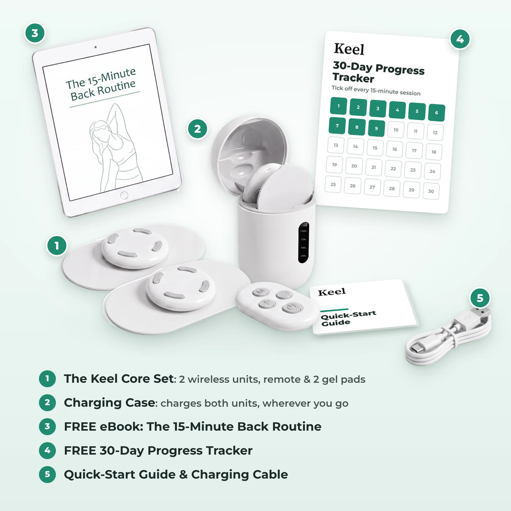 Everything in the Mendoria Support System: charging case, two units, remote, gel pads, USB cable and instructions